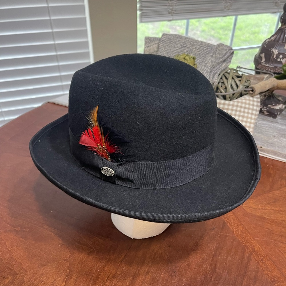 Denzel Godfather Classic Wool Fedora Homburg Hat Feather Accent Satin Interior